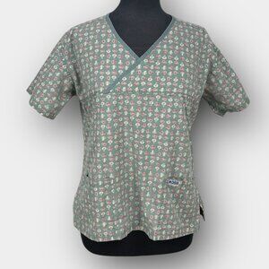 Mobb Women’s V-Neck Scrub Top Medium Green Pink Print Chest Pocket Side Slits